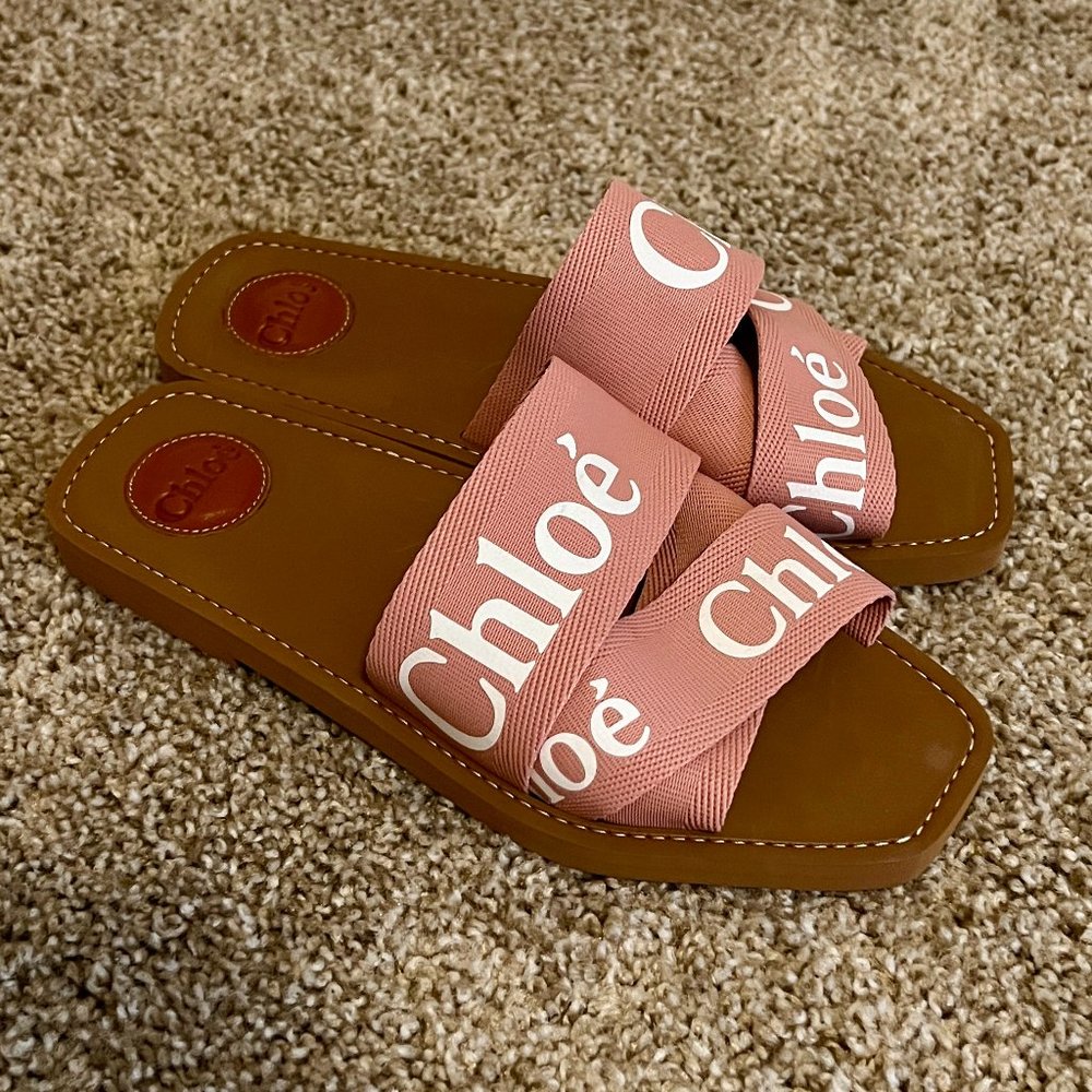 Chloe Woody Slide Slip On Ribbon Sandals in Dusty Rose Pink